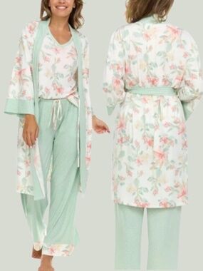 FLORA NIKROOZ 3 Piece PJ Set Super Soft Knit Mint Green w/ Floral US Sz XXL